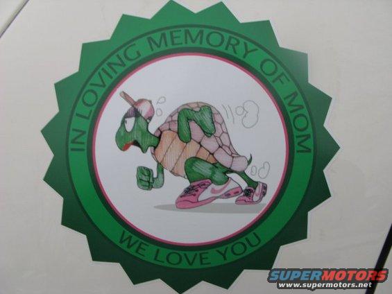 sticker with cartoon turtle wearing a hat and sneakers, text says 'IN LOVING MEMORY OF MOM WE LOVE YOU'