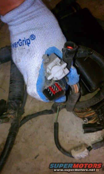Gloved hand holding a gray electrical connector with red wire terminals. Automotive wiring harness visible
