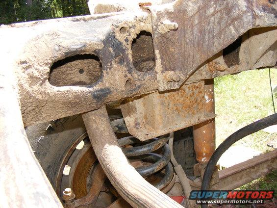 Close-up of heavily rusted vehicle frame, showing suspension coil and shock absorber