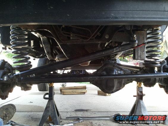 Undercarriage view of a vehicle's suspension and drivetrain components
