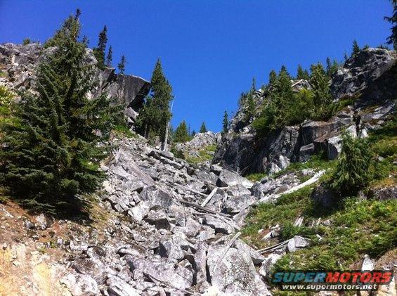 rocky slope with trees and blue sky. SuperMotors logo at bottom right