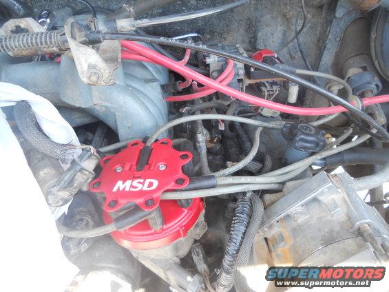 Engine bay showing an MSD red distributor cap and red spark plug wires