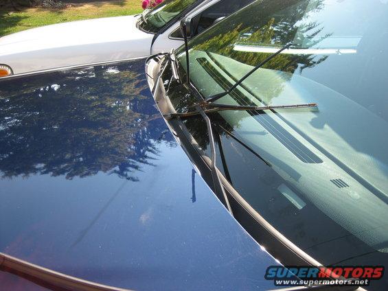 Dark blue car hood and windshield with wipers. 2003 Ford Crown Victoria