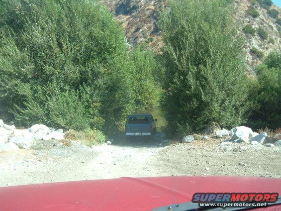 Dark SUV driving on a dirt path towards a stream, surrounded by trees