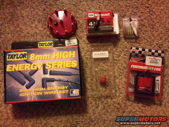Red distributor cap, Taylor 8mm High Energy ignition wire set, Motorcraft spark plugs, and an MSD Performance Coil