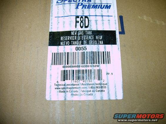 Spectra Premium F8D New Gas Tank label with barcode and technical assistance info