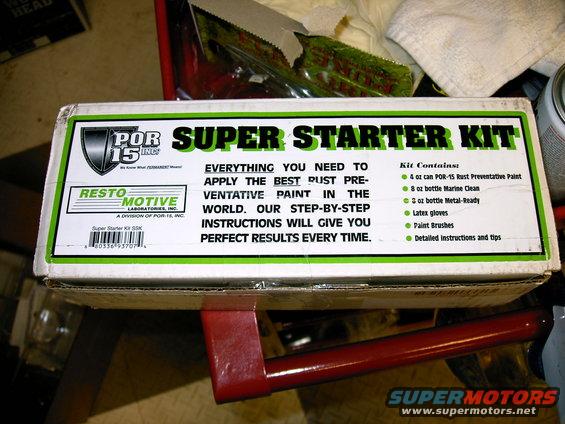 Box for POR-15 Super Starter Kit, showing contents like rust preventative paint and marine clean