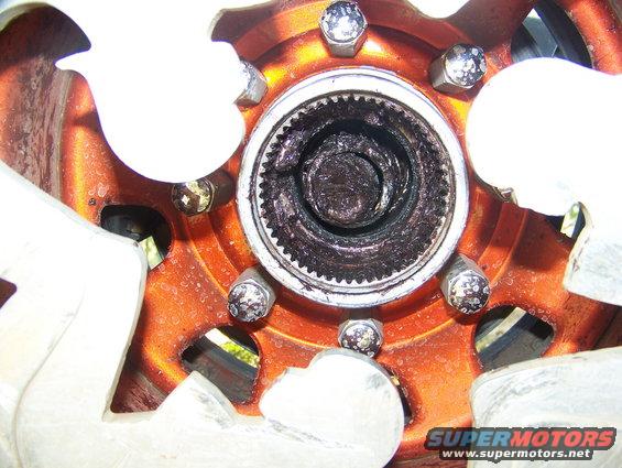 Close-up of a greasy wheel hub assembly with lug nuts