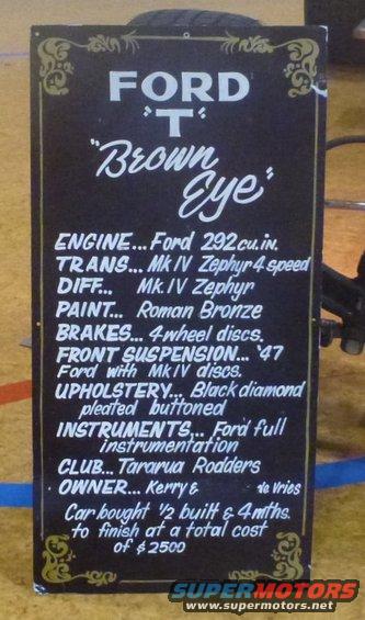 Information board for Ford T 'Brown Eye' detailing engine, transmission, paint, brakes, suspension, upholstery, instruments, club, owner, and build cost