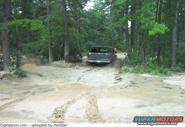 Dark SUV driving through mud on a wooded trail, rear view