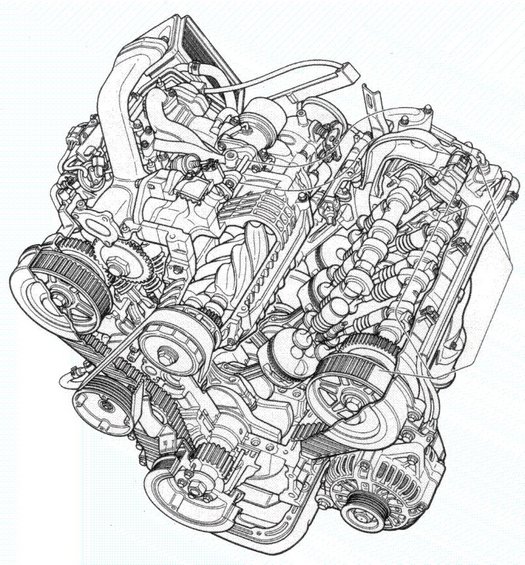 Line drawing of a V6 engine with timing belts and pulleys visible