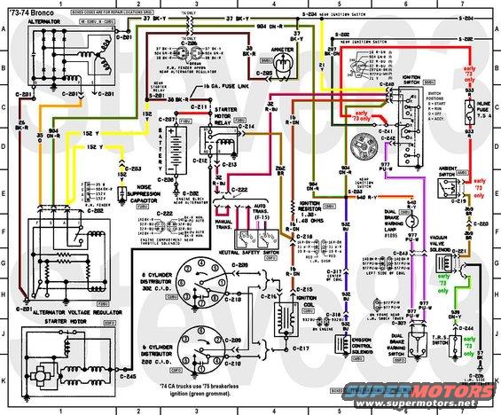 wiring7374apwrdstb.jpg '73-74 Bronco Power Distribution 
IF THE IMAGE IS TOO SMALL, click it. 

Repair Locations Grid:
[url=http://www.supermotors.net/registry/media/865564][img]http://www.supermotors.net/getfile/865564/thumbnail/ebrepairgrid.jpg[/img][/url]

Improved, corrected, & combined versions of [url=http://seabiscuit68.tripod.com/]Seabiscuit[/url]'s colorized diagrams.  Connector faces, component locations, and technical oversight provided by [url=http://classicbroncos.com/forums/member.php?u=19091]Viperwolf1[/url].  When printed at full scale, the diagrams can be combined into a continuous strip.

Before printing, click the image to make sure you have the largest version. 

See also:
[url=http://www.supermotors.net/registry/media/870470][img]http://www.supermotors.net/getfile/870470/thumbnail/3gswap.jpg[/img][/url] . [url=http://www.supermotors.net/vehicles/registry/media/843907][img]http://www.supermotors.net/getfile/843907/thumbnail/alternator3gvr.jpg[/img][/url] . [url=http://www.supermotors.net/vehicles/registry/media/859765][img]http://www.supermotors.net/getfile/859765/thumbnail/1ghd.jpg[/img][/url] . [url=http://www.supermotors.net/registry/media/897843][img]http://www.supermotors.net/getfile/897843/thumbnail/alternator1g.jpg[/img][/url]
[url=http://www.supermotors.net/registry/media/874221][img]http://www.supermotors.net/getfile/874221/thumbnail/wiring7374bgawprrad.jpg[/img][/url] . [url=http://www.supermotors.net/registry/media/874222][img]http://www.supermotors.net/getfile/874222/thumbnail/wiring7374cinthdlts.jpg[/img][/url] . [url=http://www.supermotors.net/registry/media/874223][img]http://www.supermotors.net/getfile/874223/thumbnail/wiring7374dtlltshtr.jpg[/img][/url] . [url=http://www.supermotors.net/registry/media/869225][img]http://www.supermotors.net/getfile/869225/thumbnail/wiring7374eindex.jpg[/img][/url]
[url=http://www.supermotors.net/registry/media/843356][img]http://www.supermotors.net/getfile/843356/thumbnail/wiringdiagrameb3g.jpg[/img][/url] . [url=http://www.supermotors.net/registry/media/849725][img]http://www.supermotors.net/getfile/849725/thumbnail/fusesblades.jpg[/img][/url] . [url=http://www.supermotors.net/registry/media/830776][img]http://www.supermotors.net/getfile/830776/thumbnail/fusiblelinkrepair.jpg[/img][/url] . [url=http://www.supermotors.net/registry/media/832986][img]http://www.supermotors.net/getfile/832986/thumbnail/bulbsfuseswire.jpg[/img][/url]

https://www.fleet.ford.com/truckbbas/non-html/1997/c37_39_p.pdf

For '79 & similar trucks, see:
http://www.supermotors.net/registry/24302/78593-2

Index  '73-74 Bronco Wiring
--------------------------------------------------
  Components  (search using CTRL&F4)
Alternator  .  .  .  .  .  .  .  A1-B1
Alternator Voltage Regulator  .  J1-K1
AM Radio .  .  .  .  .  .  .  .  D16
Ambient Switch .  .  .  .  .  .  E7
Ammeter  .  .  .  .  .  .  .  .  B4
Auxilliary Fuel Tank Sender   .  J12
Backup Lamp, LHR  .  .  .  .  .  K15
Backup Lamp, RHR  .  .  .  .  .  K16
Backup Lamp Switch   .  .  .  .  E14, F4
Ballast Resistor  .  .  .  .  .  E4
Battery  .  .  .  .  .  .  .  .  D3-E3
Beam Select Switch   .  .  .  .  D20
Blinker Switch .  .  .  .  .  .  E29-E30
Block Heater   .  .  .  .  .  .  K32
Blower Motor   .  .  .  .  .  .  G38
Blower Motor Resistor   .  .  .  D38
Blower Motor Switch  .  .  .  .  C38
Brake Lamp, LHR   .  .  .  .  .  G33
Brake Lamp, RHR   .  .  .  .  .  G35
Brake Lamp Switch .  .  .  .  .  C29
Brake Warning Lamp   .  .  .  .  F6
Brake Warning Switch .  .  .  .  J6
Breakerless Ignition Module   .  K3
Capacitor, Noise Suppression  .  E2
Carburetor Valve  .  .  .  .  .  J5
Cigar Lighter  .  .  .  .  .  .  E22
Coil  .  .  .  .  .  .  .  .  .  H4-J4
Constant Voltage Unit   .  .  .  C9
Coolant Temperature Gauge  .  .  F8
Coolant Temperature Sender .  .  K8
CV Unit  .  .  .  .  .  .  .  .  C9
Distributor .  .  .  .  .  .  .  G3-K3
Dome Lamp   .  .  .  .  .  .  .  D17
Dual Brake Warning Switch  .  .  J6
Emergency Signal Flasher   .  .  E32
Emergency Signal Switch .  .  .  G32
Emission Control Solenoid  .  .  J5, G7
Engine Block Heater  .  .  .  .  K32
Flasher, Emergency Signal  .  .  E32
Flasher, Turn Signal .  .  .  .  C32
Front Fuel Sender .  .  .  .  .  J12
Fuel Gauge  .  .  .  .  .  .  .  C10
Fuel Sender .  .  .  .  .  .  .  J10, J12
Fuel Tank Selector Switch  .  .  E11
Fuse 1 (20A) Blower  .  .  .  .  A38
Fuse 2 (15A) Turn Wash Radio  .  B15
Fuse 3 (2A) Illumination   .  .  B18
Fuse 4 (15A) Cigar Crtsy Rev  .  B23
Fuse 5 (20A) Hazards .  .  .  .  B32
Fuse Inline (7.5A) TRS Switch .  C7
Fusible Link   .  .  .  .  .  .  C3
Gauge, Ammeter .  .  .  .  .  .  B4
Gauge, Fuel .  .  .  .  .  .  .  C10
Gauge, Oil Pressure  .  .  .  .  F9
Gauge, Temperature   .  .  .  .  F8
Generator   .  .  .  .  .  .  .  A1-B1
Hazard Signal Flasher   .  .  .  E32
Hazard Signal Switch .  .  .  .  G32
Headlamp, Left .  .  .  .  .  .  H19
Headlamp, Right   .  .  .  .  .  H20
Headlamp Dimmer Switch  .  .  .  D20
Headlamp Switch   .  .  .  .  .  C21-C22
Headlamp Switch Lamp .  .  .  .  J18
Heater, Block Immersion .  .  .  K32
Heater Blower Switch .  .  .  .  C38
Heater Blower Motor  .  .  .  .  G38
Heater Blower Resistor  .  .  .  D38
Heater Control Lamp  .  .  .  .  E17
High-Altitude Solenoid Valve  .  J5
High-Beam Switch  .  .  .  .  .  D20
High-Beam Indicator Lamp   .  .  G20
Horn  .  .  .  .  .  .  .  .  .  E18
Horn Switch .  .  .  .  .  .  .  D19
ICVR  .  .  .  .  .  .  .  .  .  C9
Ignition Coil  .  .  .  .  .  .  H4-J4
Ignition Module   .  .  .  .  .  K3
Ignition Resistor .  .  .  .  .  E4
Ignition Switch   .  .  .  .  .  C6-D6
Immersion Heater  .  .  .  .  .  K32
Indicator Lamp, Brake Warning .  F6
Indicator Lamp, L Turn  .  .  .  H29
Indicator Lamp, High-Beam  .  .  G20
Indicator Lamp, R Turn  .  .  .  H30
Inline Fuse (7.5A) TRS Switch .  C7
Instrument Cluster Lamp .  .  .  H18
Instrument Cluster Voltage Reg.  C9
Key Switch  .  .  .  .  .  .  .  C6-D6
Lamp, Backup, LHR .  .  .  .  .  K15
Lamp, Backup, RHR .  .  .  .  .  J16
Lamp, Brake, LHR  .  .  .  .  .  G33
Lamp, Brake, RHR  .  .  .  .  .  G35
Lamp, Brake Warning Indicator .  F6
Lamp, Dome  .  .  .  .  .  .  .  D17
Lamp, Head, Left  .  .  .  .  .  H19
Lamp, Head, Right .  .  .  .  .  H20
Lamp, Headlamp Switch   .  .  .  J18
Lamp, Heater Control .  .  .  .  E17
Lamp, High-Beam Indicator  .  .  G20
Lamp, Instrument Cluster   .  .  H18
Lamp, Left Turn Indicator  .  .  H29
Lamp, License  .  .  .  .  .  .  G37
Lamp, Map   .  .  .  .  .  .  .  C17
Lamp, Park, LHF   .  .  .  .  .  J22
Lamp, Park, LHR   .  .  .  .  .  G33
Lamp, Park, RHF   .  .  .  .  .  F22
Lamp, Park, RHR   .  .  .  .  .  G35
Lamp, PRNDL Illumination   .  .  G18
Lamp, Reverse, LHR   .  .  .  .  K15
Lamp, Reverse, RHR   .  .  .  .  K16
Lamp, Right Turn Indicator .  .  H30
Lamp, Shifter Illumination .  .  G18
Lamp, Side Marker, LHF  .  .  .  K22
Lamp, Side Marker, LHR  .  .  .  G34
Lamp, Side Marker, RHF  .  .  .  H22
Lamp, Side Marker, RHR  .  .  .  G36
Lamp, Stop, LHR   .  .  .  .  .  G33
Lamp, Stop, RHR   .  .  .  .  .  G35
Lamp, Turn, LHF   .  .  .  .  .  J22
Lamp, Turn, LHR   .  .  .  .  .  G33
Lamp, Turn, RHF   .  .  .  .  .  F22
Lamp, Turn, RHR   .  .  .  .  .  G35
Lamp, Wiper Switch   .  .  .  .  J18
License Lamp   .  .  .  .  .  .  G37
Lighter Socket .  .  .  .  .  .  E22
Loop Ammeter   .  .  .  .  .  .  B4
Main Fuel Tank Sender.  .  .  .  J10
Map Lamp .  .  .  .  .  .  .  .  C17
Marker Lamp, LHF Side   .  .  .  K22
Marker Lamp, LHR Side   .  .  .  G34
Marker Lamp, RHF Side   .  .  .  H22
Marker Lamp, RHR Side   .  .  .  G36
Module, Breakerless Ignition  .  K3
Motor, Heater Blower .  .  .  .  G38
Motor, Starter .  .  .  .  .  .  H3-J4
Motor, Windshield Wiper .  .  .  J13
Motor, Washer Pump   .  .  .  .  K13
Neutral Safety Switch .  .  .  F4
Oil Pressure Gauge   .  .  .  .  F9
Oil Pressure Sender  .  .  .  .  K9
Park Lamp, LHF .  .  .  .  .  .  J22
Park Lamp, LHR .  .  .  .  .  .  G33
Park Lamp, RHF .  .  .  .  .  .  F22
Park Lamp, RHR .  .  .  .  .  .  G35
Park Neutral Position Switch . F4
Power Point .  .  .  .  .  .  .  E22
PRNDL Illumination Lamp .  .  .  G18
Radio .  .  .  .  .  .  .  .  .  D16
Radio Capacitor   .  .  .  .  .  E2
Radio Speaker  .  .  .  .  .  .  F15
Rear Fuel Sender  .  .  .  .  .  J10
Relay, Horn .  .  .  .  .  .  .  F11
Relay, Starter .  .  .  .  .  .  D3
Resistor, Ignition Ballast .  .  E4
Resistor, Blower Motor  .  .  .  D38
Reverse Lamp, LHR .  .  .  .  .  K15
Reverse Lamp, RHR .  .  .  .  .  K16
Reverse Lamp Switch  .  .  .  .  E14, F4
Sender, Fuel, Front  .  .  .  .  J12
Sender, Fuel, Rear   .  .  .  .  J10
Sender, Oil Pressure .  .  .  .  K9
Sender, Temperature  .  .  .  .  K8
Shifter Illumination Lamp  .  .  G18
Side Marker Lamp, LHF   .  .  .  K22
Side Marker Lamp, LHR   .  .  .  G34
Side Marker Lamp, RHF   .  .  .  H22
Side Marker Lamp, RHR   .  .  .  G36
Solenoid, Carburetor Emission .  J5, G7
Solenoid, Vacuum Valve  .  .  .  G7
Speaker  .  .  .  .  .  .  .  .  F15
Starter Motor  .  .  .  .  .  .  H3-J4
Starter Relay  .  .  .  .  .  .  D3
Stop Lamp, LHR .  .  .  .  .  .  G33
Stop Lamp, RHR .  .  .  .  .  .  G35
Stop Lamp Switch  .  .  .  .  .  C29
Switch, Ambient   .  .  .  .  .  E7
Switch, Backup Lamp  .  .  .  .  E14, F4
Switch, Blinker   .  .  .  .  .  E29-E30
Switch, Blower Motor .  .  .  .  C38
Switch, Brake Lamp   .  .  .  .  C29
Switch, Dual Brake Warning .  .  J6
Switch, Emergency Signal   .  .  G32
Switch, Fuel Tank Selector .  .  E11
Switch, Hazard Signal   .  .  .  G32
Switch, Headlamp  .  .  .  .  .  C21-C22
Switch, Heater Blower   .  .  .  C38
Switch, High-Beam Dimmer   .  .  D20
Switch, Horn   .  .  .  .  .  .  D19
Switch, Ignition  .  .  .  .  .  C6-D6
Switch, Neutral Safety (PNP)  .  F4
Switch, Reverse Lamp .  .  .  .  E14, F4
Switch, Stop Lamp .  .  .  .  .  C29
Switch, TRS .  .  .  .  .  .  .  J7
Switch, Turn Signal  .  .  .  .  E29-E30
Switch, Windshield Washer  .  .  B13
Switch, Windshield Wiper   .  .  B13
Temperature Gauge .  .  .  .  .  F8
Temperature Sender   .  .  .  .  K8
TRS Switch  .  .  .  .  .  .  .  J7
Turn Signal, LHF  .  .  .  .  .  J22
Turn Signal, LHR  .  .  .  .  .  G33
Turn Signal Flasher  .  .  .  .  C32
Turn Signal Indicator, L   .  .  E22
Turn Signal Indicator, R   .  .  E23
Turn Signal, RHF  .  .  .  .  .  F22
Turn Signal, RHR  .  .  .  .  .  G35
Turn Signal Switch   .  .  .  .  E29-E30
Vacuum Valve Solenoid   .  .  .  G7
Valve, Carburetor Solenoid .  .  C9
Voltage Regulator, Alternator .  J1-K1
Voltage Regulator, Instruments   C9
Water Temperature Gauge .  .  .  F8
Water Temperature Sender   .  .  K8
Windshield Washer Switch   .  .  B13
Windshield Washer Pump Motor  .  K13
Windshield Wiper Motor  .  .  .  J13
Windshield Wiper Switch    .  .  B13
Windshield Wiper Switch Lamp  .  J18
--------------------------------------------------
  Connectors
C201 (Alternator) .  .  .  .  .  A1-B2
C202 (Voltage Regulator)   .  .  E1
C203 (Radio Capacitor)  .  .  .  D2
C205 (Ammeter) .  .  .  .  .  .  B4
C206 (Inline)  .  .  .  .  .  .  A3
C207 (Battery  )  .  .  .  .  .  C3
C208 (Battery -)  .  .  .  .  .  E3
C209 (Distributor Cap)  .  .  .  G3, J3
C210 (Distributor)   .  .  .  .  H3, K3
C211 (Starter Relay Battery)  .  C3
C212 (Starter Relay Starter)  .  D3
C213 (Starter Relay S)  .  .  .  D3
C214 (Starter Relay I)  .  .  .  D4
C215 (Ignition Coil) .  .  .  .  H4
C216 (Ignition Coil) .  .  .  .  H4
C217 (Ignition Coil) .  .  .  .  J4
C218 (Inline)  .  .  .  .  .  .  F4, H8-H9
C219 (Ambient Switch)   .  .  .  E7
C220 (Inline)  .  .  .  .  .  .  F7
C221 (Vacuum Valve Solenoid)  .  G7
C222 (Inline, NSS)   .  .  .  .  E3-E4, E15
C223 (ICVR) .  .  .  .  .  .  .  B9
C224 (ICVR) .  .  .  .  .  .  .  B9
C225 (Temp Gauge) .  .  .  .  .  E8
C226 (Temp Gauge) .  .  .  .  .  G8
C227 (Temp Sender)   .  .  .  .  J8
C228 (Oil Gauge)  .  .  .  .  .  E9
C229 (Oil Gauge)  .  .  .  .  .  G9
C230 (Oil Sender) .  .  .  .  .  J9
C231 (Fuel Gauge) .  .  .  .  .  B10
C232 (Fuel Gauge) .  .  .  .  .  D10, G10
C233 (Inline)  .  .  .  .  .  .  D23, D30-D31, H10
C234 (Rear Fuel Sender) .  .  .  J10
C235 (Tank Select Switch)  .  .  D11
C236 (Tank Select Switch)  .  .  F11
C237 (Tank Select Switch)  .  .  F11
C238 (Inline)  .  .  .  .  .  .  H11
C239 (Front Fuel Sender)   .  .  J11
C240 (Ignition Switch)  .  .  .  C6
C241 (Ignition Switch)  .  .  .  C6
C242 (Ignition Switch)  .  .  .  D6
C243 (Inline)  .  .  .  .  .  .  G6, G15
C244 (TRS Switch) .  .  .  .  .  J7
C245 (Starter) .  .  .  .  .  .  K2
C301 (Wiper Switch)  .  .  .  .  C13
C302 (Inline)  .  .  .  .  .  .  E13
C303 (Inline)  .  .  .  .  .  .  F13
C304 (Wiper Motor)   .  .  .  .  H13
C305 (Washer Pump)   .  .  .  .  K14
C307 (Brake Warning Switch)   .  J6
C308 (L Backup Lamp) .  .  .  .  J15
C309 (R Backup Lamp) .  .  .  .  J16
C310 (Backup Switch) .  .  .  .  E15
C311 (H/L & Wiper Ill.) .  .  .  J17
C312 (Heater Ill.)   .  .  .  .  F17
C313 (Inline)  .  .  .  .  .  .  B17
C314 (Dome Lamp)  .  .  .  .  .  D17
C315 (Map Lamp)   .  .  .  .  .  A17
C316 (Horn) .  .  .  .  .  .  .  E18
C317 (Inline)  .  .  .  .  .  .  G5
C318 (Carb Solenoid) .  .  .  .  H5
C319 (Speaker) .  .  .  .  .  .  E16
C320 (Inline)  .  .  .  .  .  .  H15, C33-C37
C321 (Turn Signal Switch)  .  .  F29-F30
C322 (Radio)   .  .  .  .  .  .  C16
C401 (Headlamp Dimmer Switch) .  E20
C402 (L Headlamp) .  .  .  .  .  H19
C403 (R Headlamp) .  .  .  .  .  H20
C404 (RHF Marker) .  .  .  .  .  H21
C405 (RHF Turn)   .  .  .  .  .  F22
C406 (LHF Marker) .  .  .  .  .  K21
C407 (LHF Turn)   .  .  .  .  .  J22
C408 (Headlamp Switch)  .  .  .  B21-C22
C409 (Hazard Switch) .  .  .  .  G32
C410 (A/C Outlet) .  .  .  .  .  J32
C411 (Turn Flasher)  .  .  .  .  C32
C412 (Hazard Flasher)   .  .  .  E32
C413 (Cigar Lighter) .  .  .  .  D22
C414 (Block Heater)  .  .  .  .  J32
C415 (Brake Switch)  .  .  .  .  C29
C501 (L Taillamp) .  .  .  .  .  F33
C502 (LHR Marker) .  .  .  .  .  F34
C503 (R Taillamp) .  .  .  .  .  F35
C504 (RHR Marker) .  .  .  .  .  F36
C505 (License Lamp)  .  .  .  .  F37
C506 (Blower Switch) .  .  .  .  C38
C507 (Blower Switch) .  .  .  .  C38
C508 (Blower Resistor)  .  .  .  D38
C509 (Blower Motor)  .  .  .  .  E38
--------------------------------------------------
  Grounds
G201 (Voltage Regulator)   .  .  H1
G202 (Block)   .  .  .  .  .  .  E3
G204 (Rear Fuel Tank)   .  .  .  K10
G205 (Front Fuel Tank)  .  .  .  K11
G206 (L Valve Cover) .  .  .  .  K7
G301 (Instrument Panel) .  .  .  K17
G302 (W/S Frame)  .  .  .  .  .  K17
G303 (Wiper Motor)   .  .  .  .  K13
G401 (L Core Support)   .  .  .  K19, K22
G402 (R Core Support)   .  .  .  K21, G22
G501 (LHR Side Marker)  .  .  .  K34
G502 (RHR Side Marker)  .  .  .  K36
G503 (L T/G)   .  .  .  .  .  .  K37
G504 (Blower Case)   .  .  .  .  K38
--------------------------------------------------
  Splices
S201 (Starter Relay) .  .  .  .  C2
S202 (Ignition Switch)  .  .  .  A5-A15
S203 (Ignition Switch)  .  .  .  E5
S204 (Ignition Switch)  .  .  .  A4-A21
S205 (Ignition Switch)  .  .  .  E7
S301 (Steering Column)  .  .  .  G18
S302 (Headlamp Switch)  .  .  .  C15
S401 (Headlamp Dimmer Switch) .  E20
S402 (Headlamp Dimmer Switch) .  F20