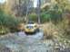 1979 Ford Bronco - A yellow SUV navigates through a wet, wooded area with another vehicle following closely behind.