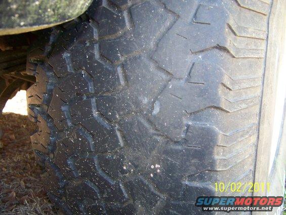 35x12.50x15 BFG All Terrains 40-50% tread.  2 showing alingment wear.  On aluminum bullet holes, 5 on 5.5.