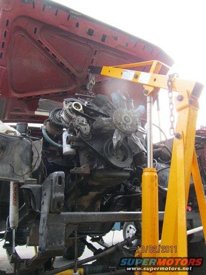 Red vehicle hood open, engine hoisted by yellow engine crane, showing alternator, fan, and oil filter