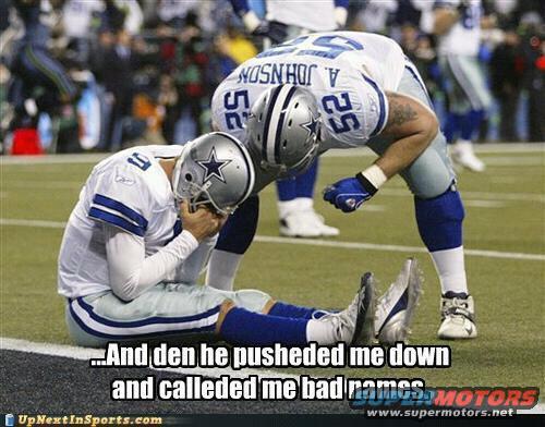 Two football players on a field, one sitting with head in hands, the other bending over him. Text overlay reads "...And den he pusheded me down and called me bad names."