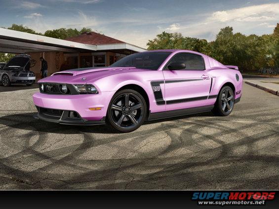 Pink 2012 Ford Mustang Boss 302 with black racing stripes and wheels