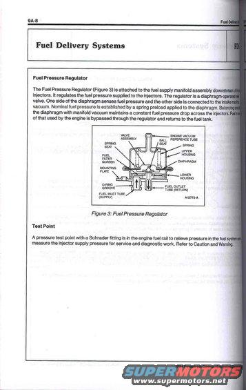 Manual page with diagram of a fuel pressure regulator and text about fuel delivery systems