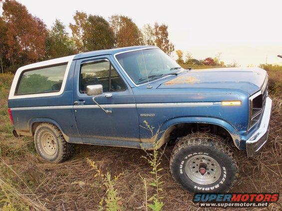 Blue Ford Bronco with white top parked in a grassy area with trees in the background