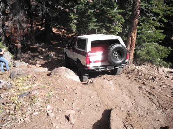 1991 Ford Bronco on a dirt trail with trees and rocks