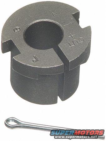 Metal suspension adjustment bushing with 'IN' and 'OUT' markings, next to a cotter pin. Supermotors.net logo visible