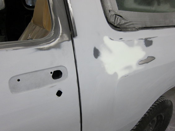 1987 Dodge 1500 side bodywork with primer and body filler
