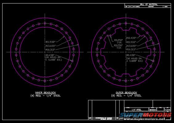 Diagrams of inner and outer beadlocks with dimensions and hole counts. Shows 4 required 1/4 steel pieces