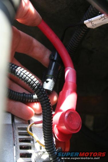Hand holding red battery cable near automotive wiring harness and alternator