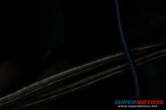 Close-up of a thick wiring harness with multiple wires, one blue wire visible