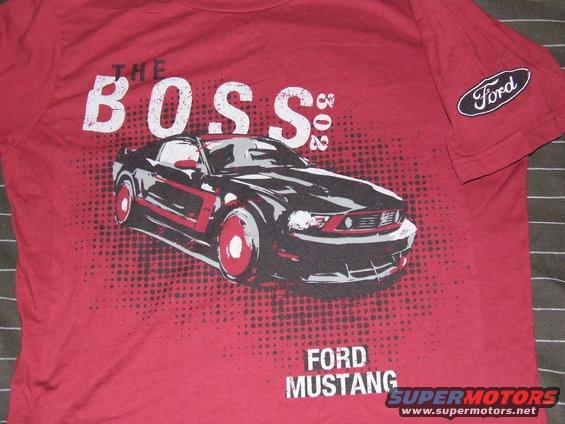 Red t-shirt with a graphic of a black Ford Mustang, "The Boss 302" text, and a Ford logo
