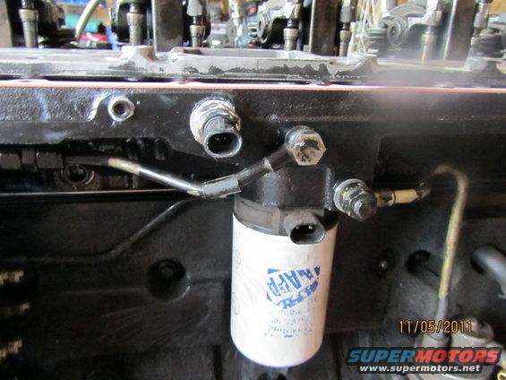 Engine block with NAPA fuel filter and connectors