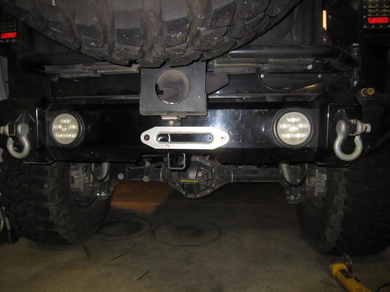 Rear bumper with winch, tow hooks, and LED lights