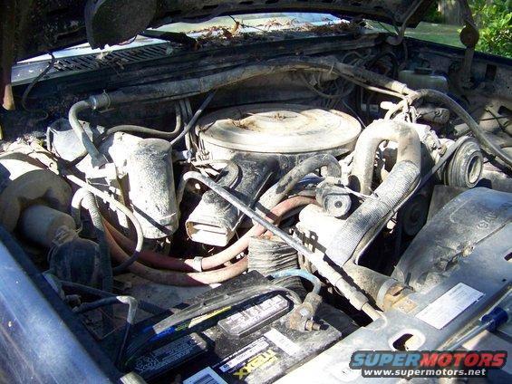 Engine bay of a 1985 Ford Bronco, showing the V8 engine, air cleaner, battery, and various hoses and wires
