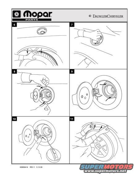Diagram showing steps for removing a vehicle's fuel door, with Mopar and DaimlerChrysler logos