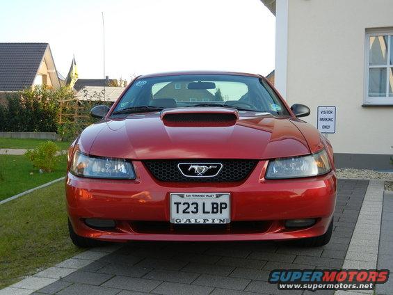 Red Ford Mustang front view with hood scoop and pony emblem
