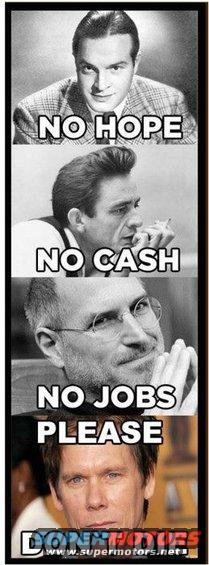 Collage of four men: Bob Hope, Johnny Cash, Steve Jobs, and Kevin Bacon, with text overlays 'NO HOPE', 'NO CASH', 'NO JOBS PLEASE', and 'DON'T HUG ME'