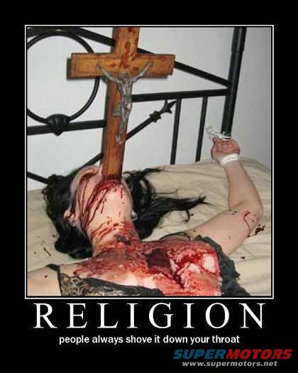 Graphic religious imagery with text 'RELIGION'