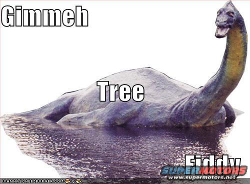 Dinosaur statue in water with text overlays "Gimmeh", "Tree", and "Fiddy"