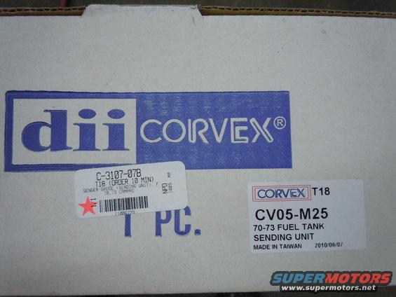 Box for a Corvex T18 fuel tank sending unit, part number CV05-M25, labeled for 70-73 Camaro