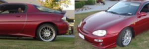 Red coupe parked on grass, side and front views