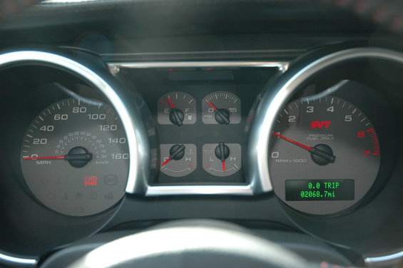 Car dashboard with speedometer, tachometer, fuel, oil pressure, oil temperature, and water temperature gauges. The tachometer shows 'SVT PREMIUM FUEL ONLY'. Odometer reads 20868.7 miles