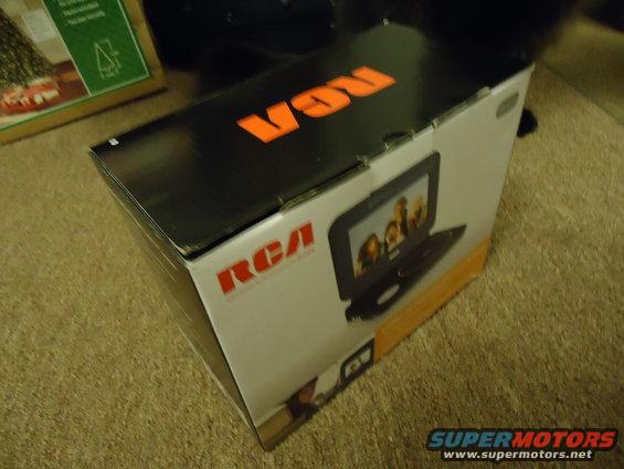 Box for RCA portable DVD player with screen showing people
