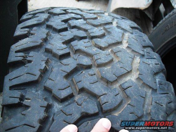 Close-up of a worn tire tread with large, aggressive lugs