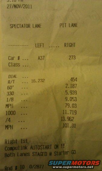 Drag strip time slip showing spectator and pit lane data, car numbers, dial-in, R/T, 60', 330, 1/8 mile, and MPH
