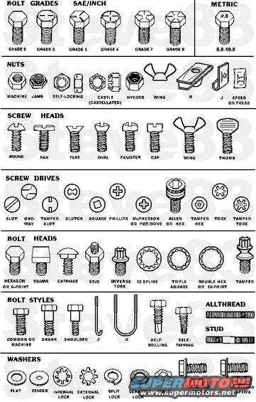 fasteners.jpg Common Automotive Fasteners: Bolts, Screws, Nuts

Standard notation for thread sizes is (inch) diameter-pitch x length (i.e., 1/4-20x1) or (metric) &quot;M&quot;diameter x pitch x length (i.e., M8x1.25x75).

Shouldered shanked studs:
[url=http://www.supermotors.net/vehicles/registry/media/148245][img]http://www.supermotors.net/getfile/148245/thumbnail/shock-studs.jpg[/img][/url]

Tamper Torx bolts with captive fender washers:
[url=http://www.supermotors.net/registry/media/265270][img]http://www.supermotors.net/getfile/265270/thumbnail/camperhdwr92.jpg[/img][/url]

http://www.boltscience.com/pages/twonuts.htm 
https://www.henrysautomotivewarehouse.com/2017_web.pdf 
https://www.clipsandfasteners.com/ 

See also:
[url=https://www.supermotors.net/registry/media/1129210_1][img]https://www.supermotors.net/getfile/1129210/thumbnail/bolttorques.jpg[/img][/url]