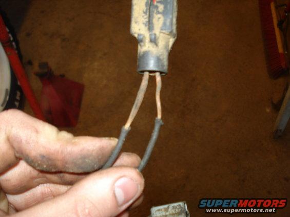 Dirty electrical connector with exposed wires held by a hand. A red gas can and a broom are in the background