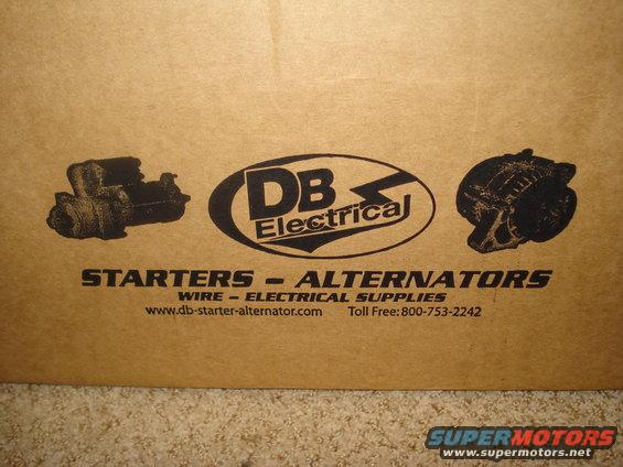 Cardboard box with DB Electrical logo, showing images of a starter and an alternator. Text reads "STARTERS - ALTERNATORS" and website/phone number