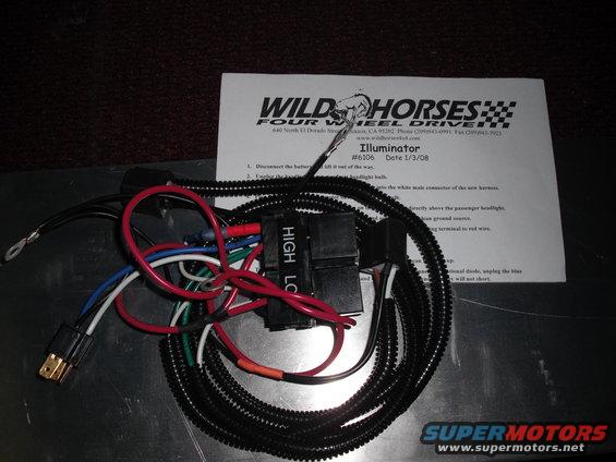 Wiring harness with "HIGH LOW" labels and "Wild Horses" instructions