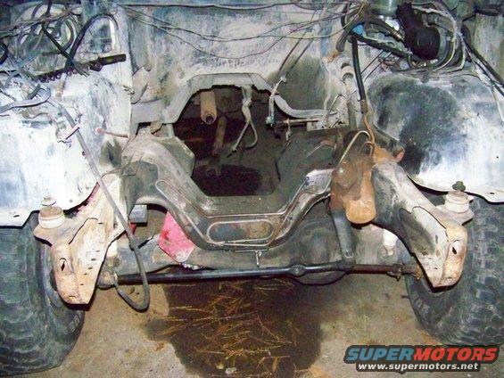 Front frame and suspension of a vehicle with engine bay removed