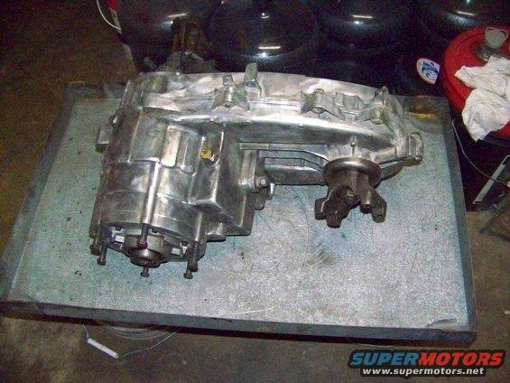 Aluminum transfer case with output shaft visible